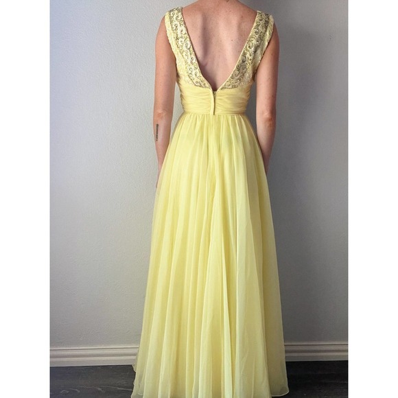 Vintage 1960's Mike Benet Yellow Chiffon Beaded Formal Maxi Gown - Picture 5 of 8